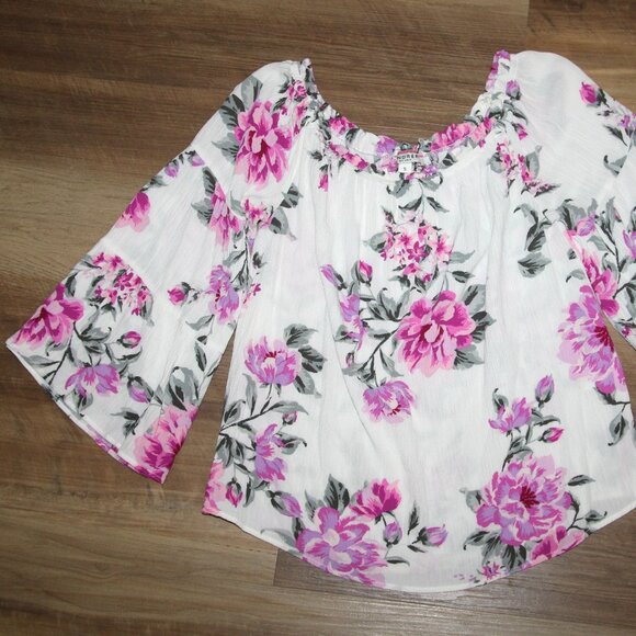 LN! Pretty Feminine Pink Floral OTS Crinkled Flare Sleeve BOHO Peasant Blouse - Picture 8 of 10